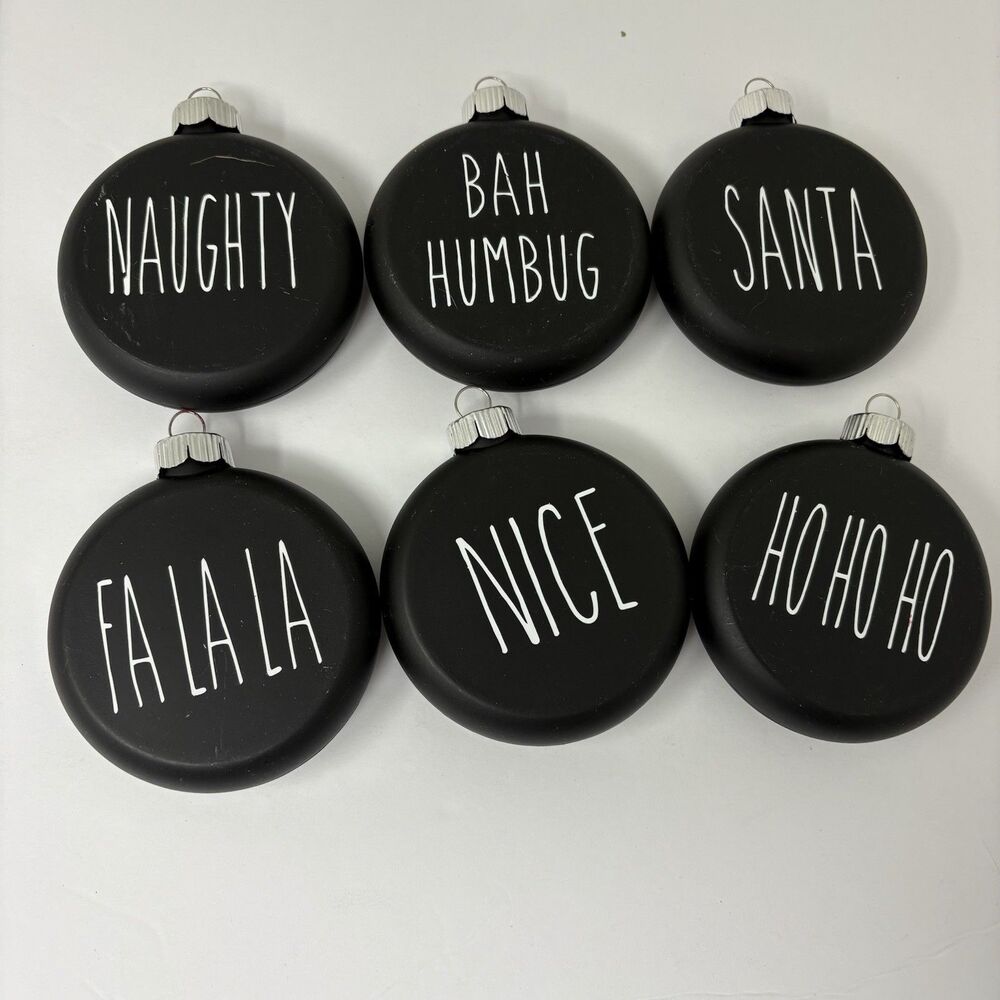 Rae Dunn Black Plastic Shatterproof Disc Christmas Ornaments Lot of 6